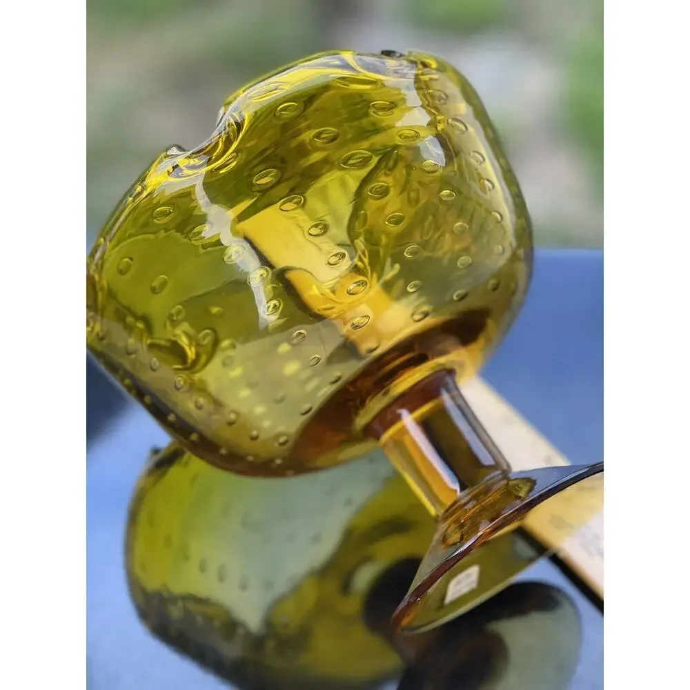 Bischoff Gold Footed Bubbles Compote Bowl Pinched Edge Art Glass Amber Pedestal‎